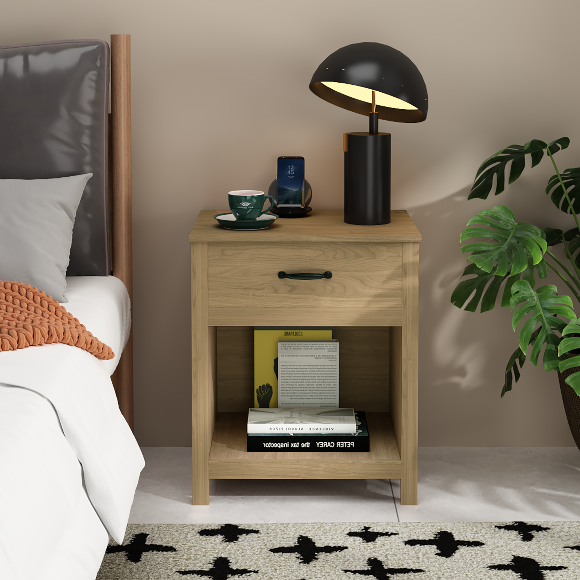 Wood Nightstand with Drawer and Open Shelf, Modern Bedside Table with Storage, Wooden End Table for Bedroom, Living Room or Apartment, Natural Finish, Brown Secondary image
