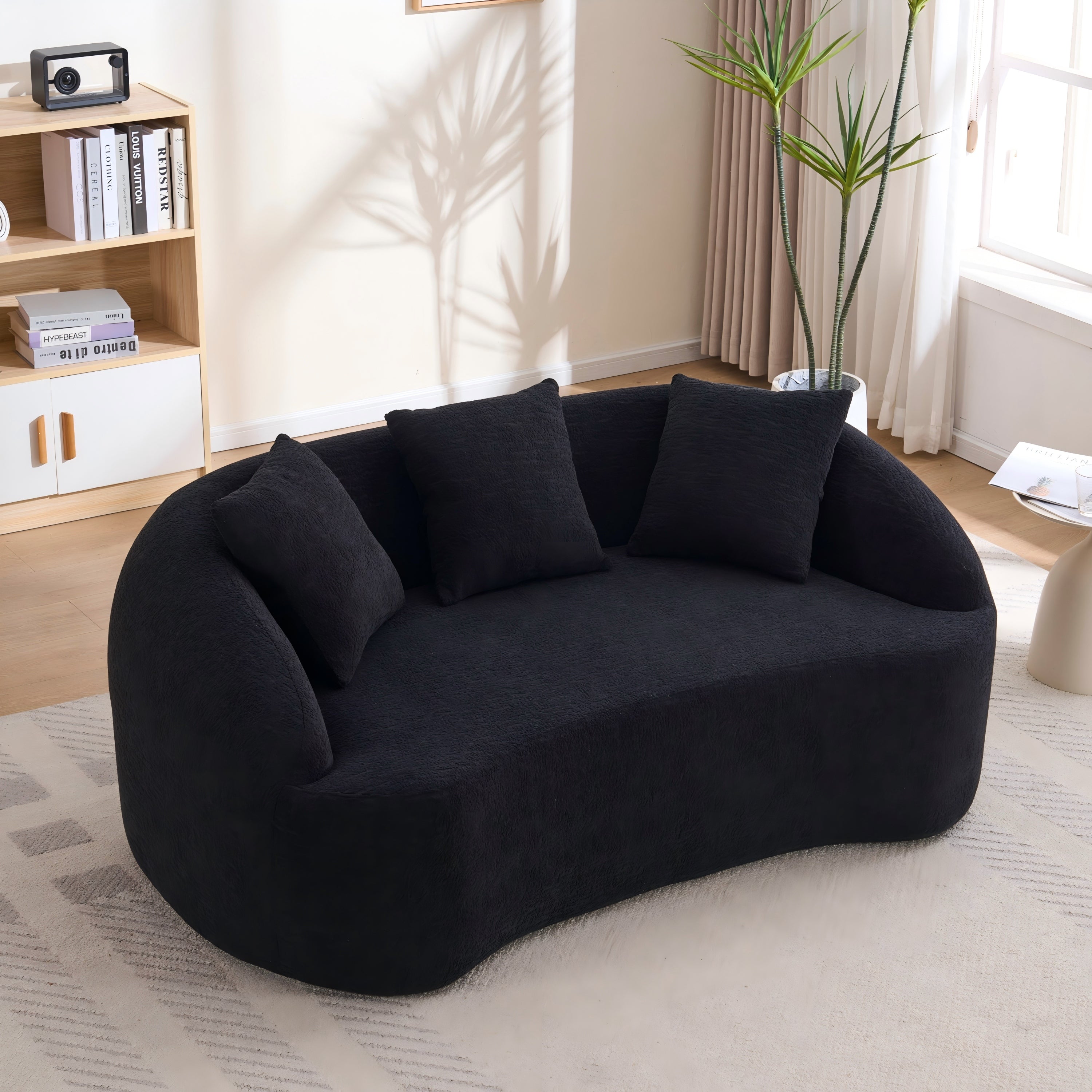 LY-049S Curved Modern Boneless Sofa Loveseat, Backrest Upgrade, 2-Seater Black Chenille Compression Couch with 3 Pillows, Minimalist Modular Couches for Living Room, Office, Apartment, Guest Room Main image