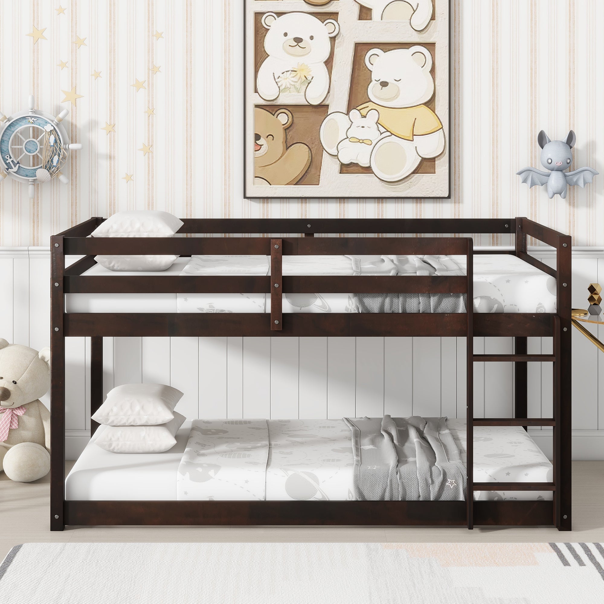 Solid Wooden, Solid Rubber Wooden Twin over Twin Floor Bunk Bed with Ladder, with Bed Platform of Strengthened Slats  , Espresso Main image