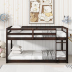 Solid Wooden, Solid Rubber Wooden Twin over Twin Floor Bunk Bed with Ladder, with Bed Platform of Strengthened Slats  , Espresso