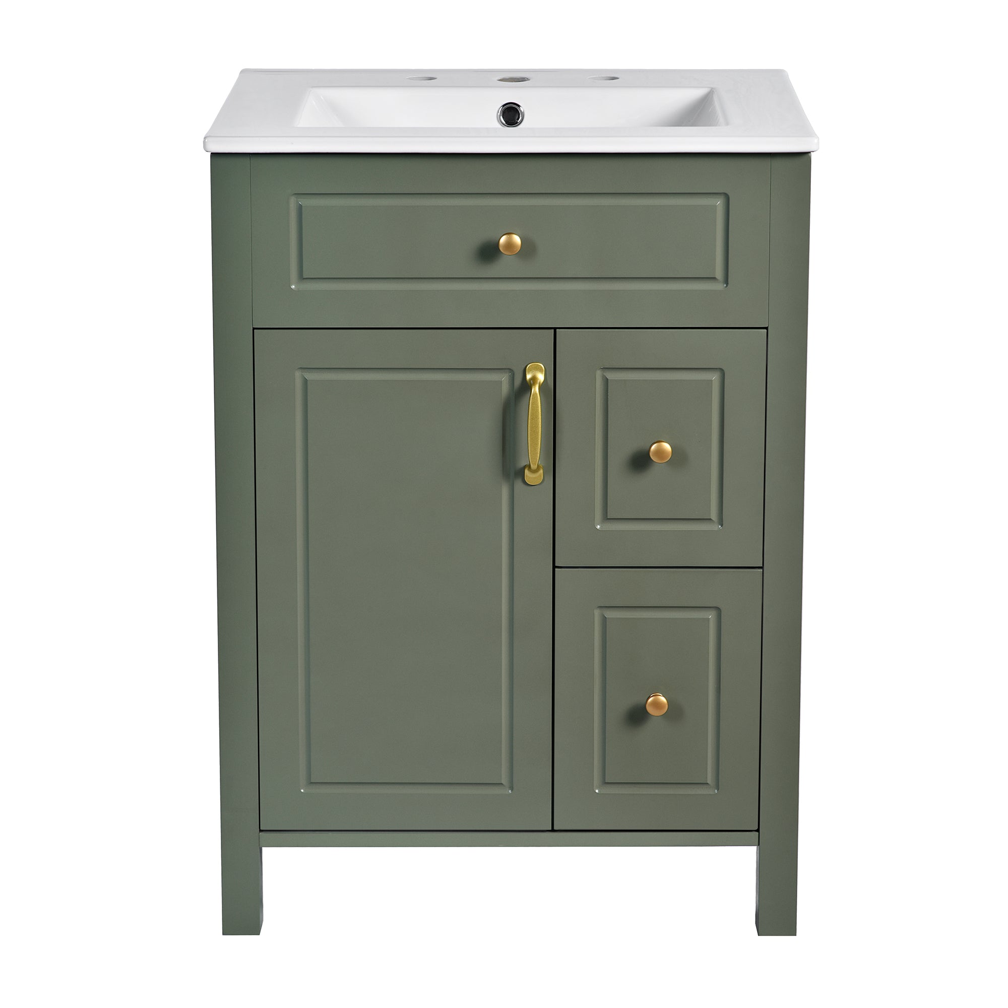 Elegant Bathroom Vanity with Ceramic Sink, Soft Close Storage, and Golden Accents in Solid Wood and MDF, 24-Inch Main image