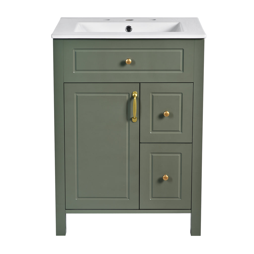 Elegant Bathroom Vanity with Ceramic Sink, Soft Close Storage, and Golden Accents in Solid Wood and MDF, 24-Inch