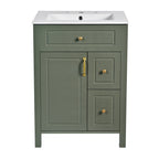 Elegant Bathroom Vanity with Ceramic Sink, Soft Close Storage, and Golden Accents in Solid Wood and MDF, 24-Inch
