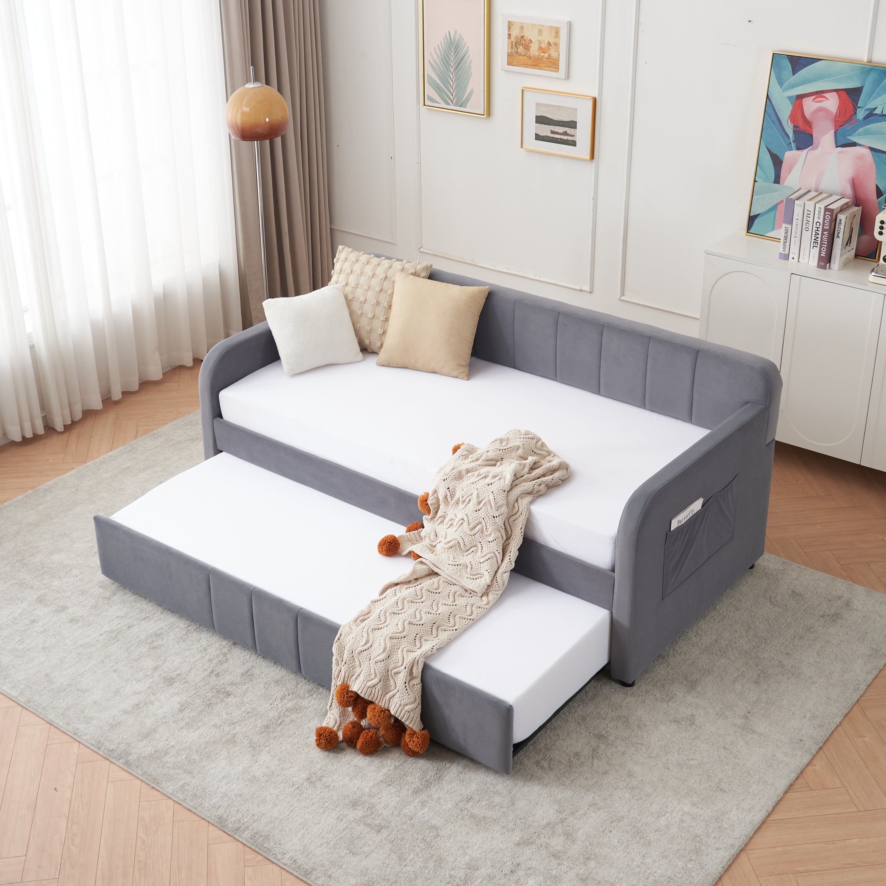 Twin Upholstered Daybed Frame with Trundle, Twin Size Sofa Bed for Bedroom Living Room Guest Room, Wood Slat Support,Grey