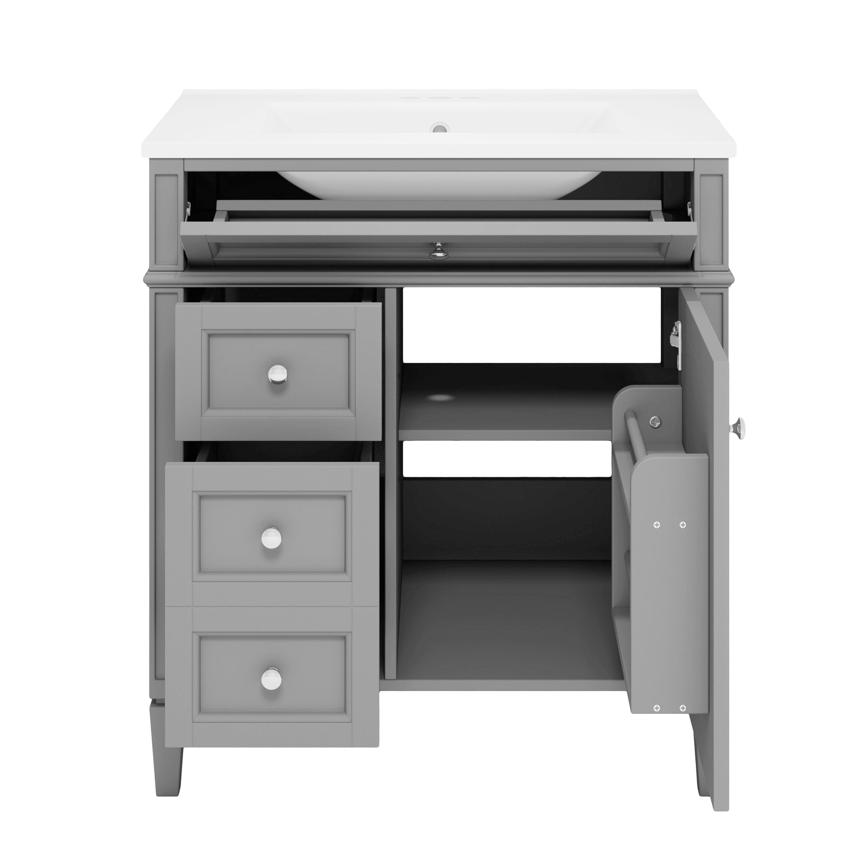 Modern 30'' Bathroom Vanity with Ceramic Top Sink, Grey Storage Cabinet with 2 Drawers and Tip-out Drawer, MDF+Solid Wood Construction Main image