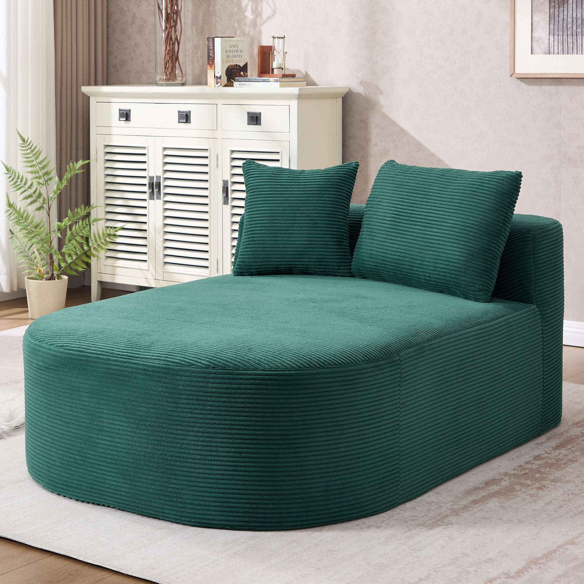 67.5''Chaise Lounge Chair 46'' Wide Seat Indoor Corduroy Oversized Sleeper Sofa for Living Room Deep Seat Lounge and Two Soft Pillows Convertible Boneless Sofa Bed, Green,No Assembly Required Main image