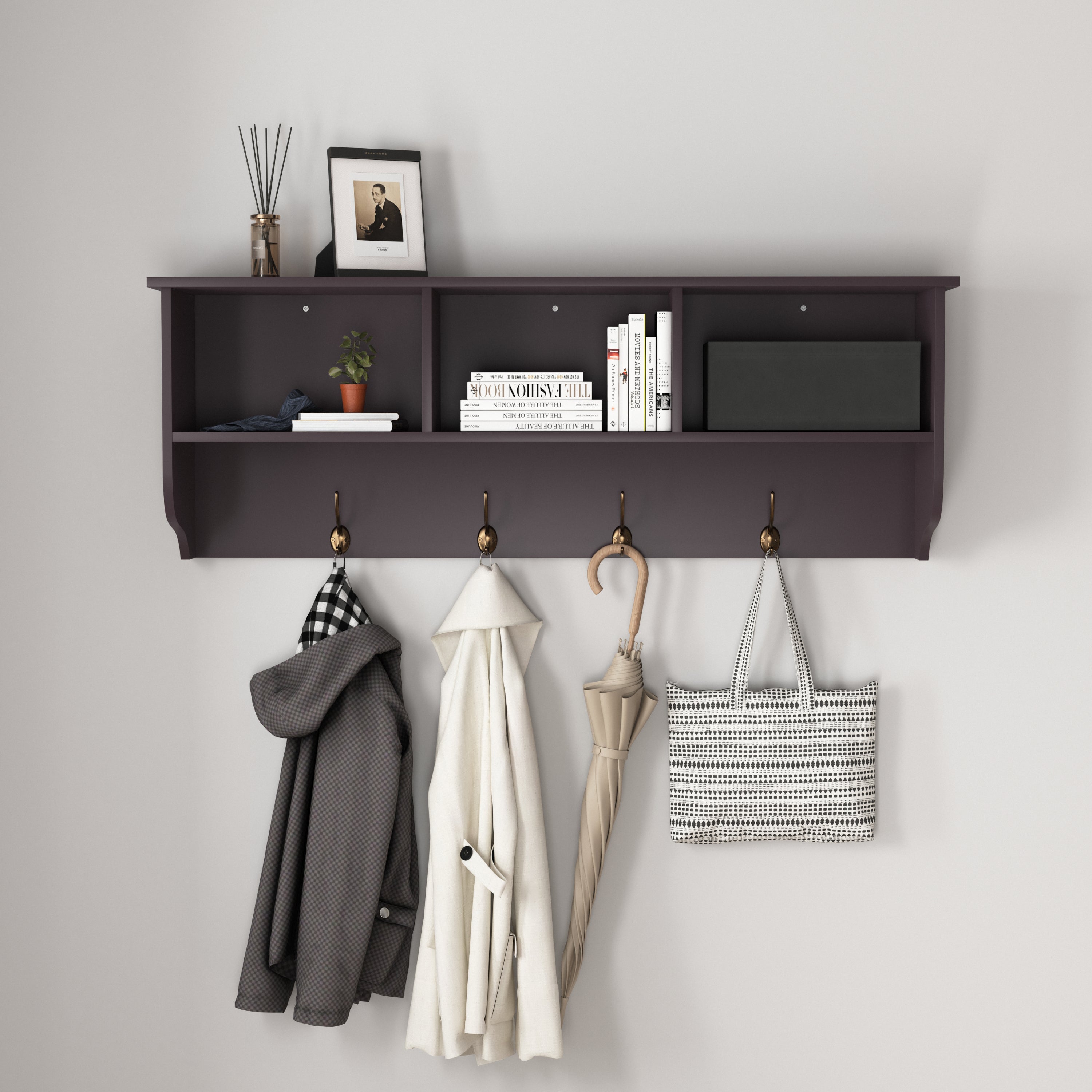 Espresso Entryway Wall Mounted Coat Rack with 4 Dual Hooks Living Room Wooden Storage Shelf Main image