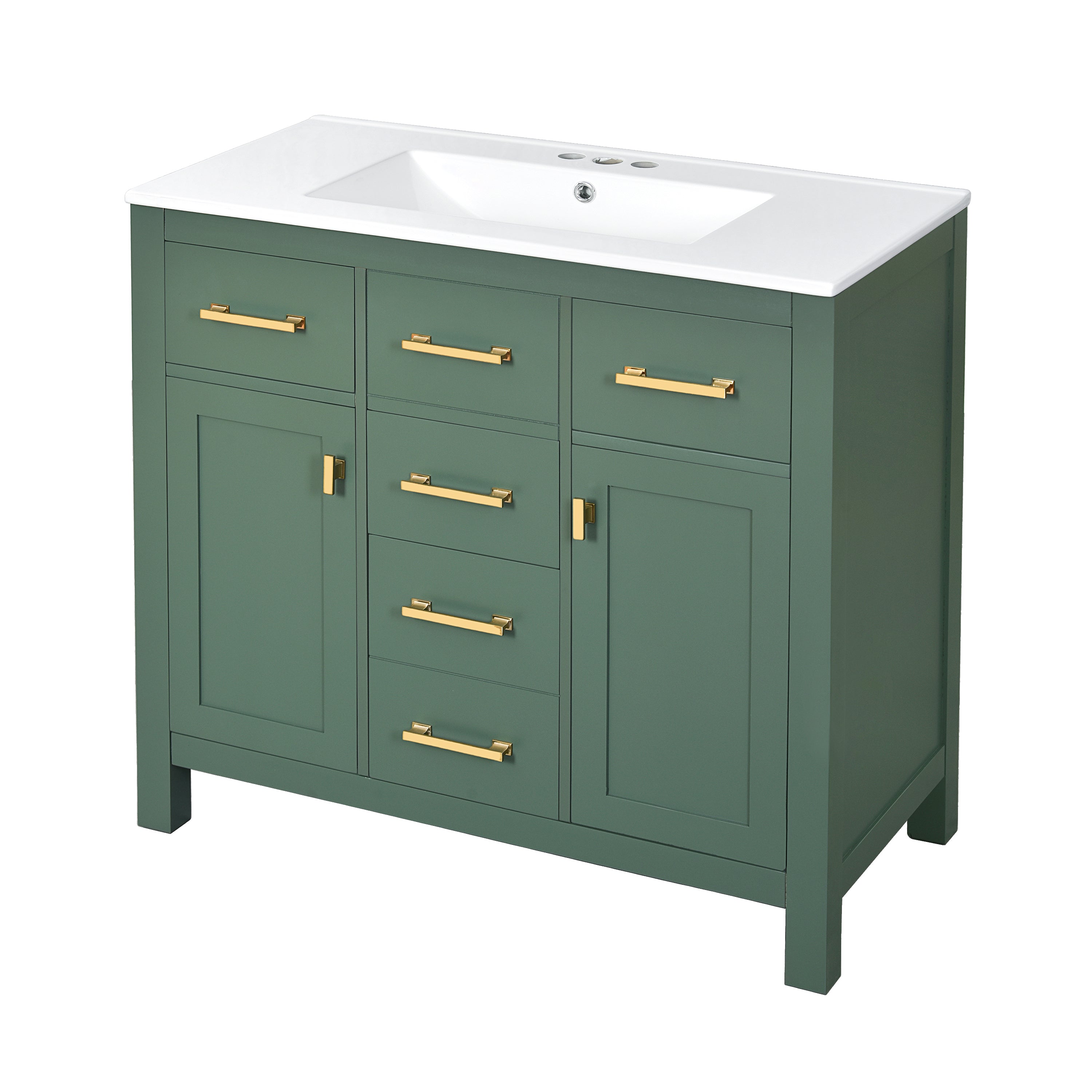 Modern Green Bathroom Vanity with Ceramic Sink, 36'' Freestanding Cabinet with 4 Drawers & 2 Soft-Close Doors, Solid Wood Frame, MDF Panels, Green