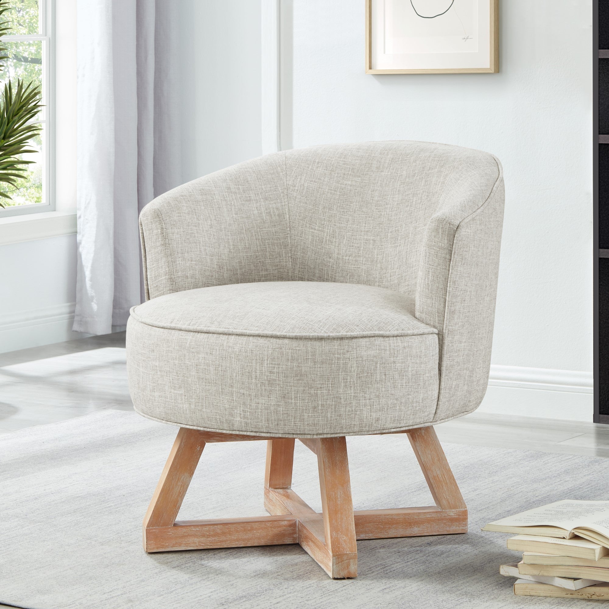 Swivel chair with cross-shaped wooden base,Lounge chair with solid wood legs, 360°freely Swivel chair ,  Classic linen Fabric for living room, bedroom, office, dresser -Light Gray Main image