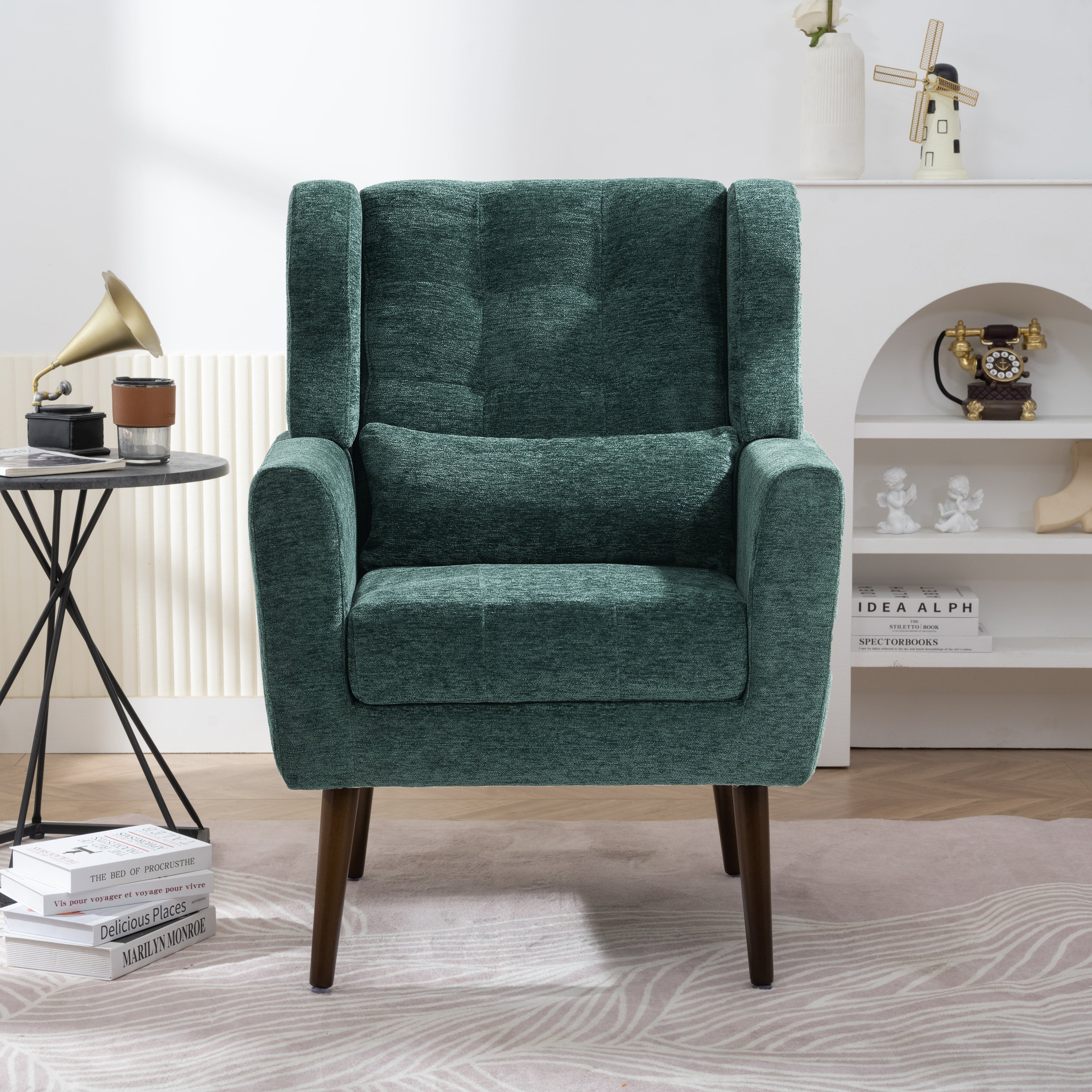 Modern Accent Chair,Chenille Arm Chairs for Living Room,Upholstered Mordern Armchair,Comfy Soft Padded Lounge Chair in Small Space, Bedroom, w/Pillow, Solid Wood Leg (Blackish Green) Main image