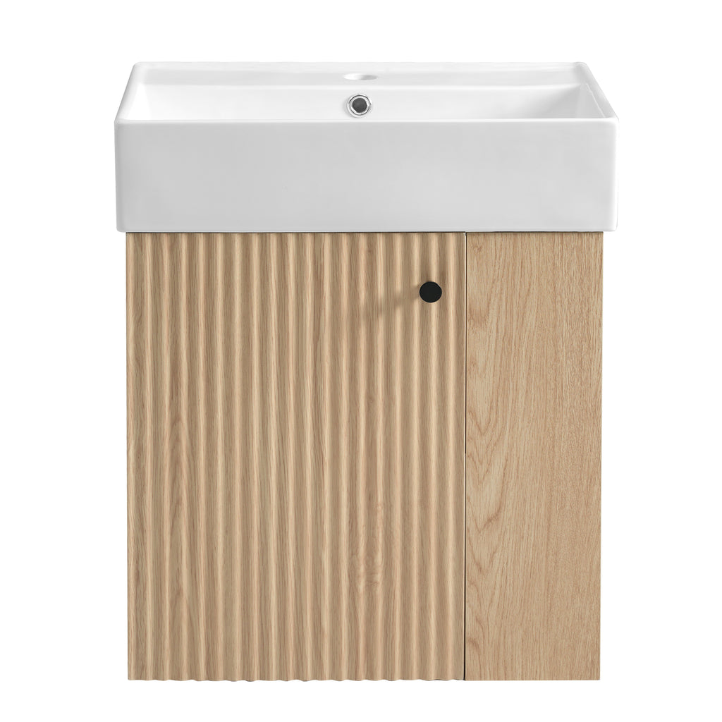 Modern Floating Bathroom Vanity with Ceramic Basin and Right Side Storage - 21.6 inch, Wood Finish