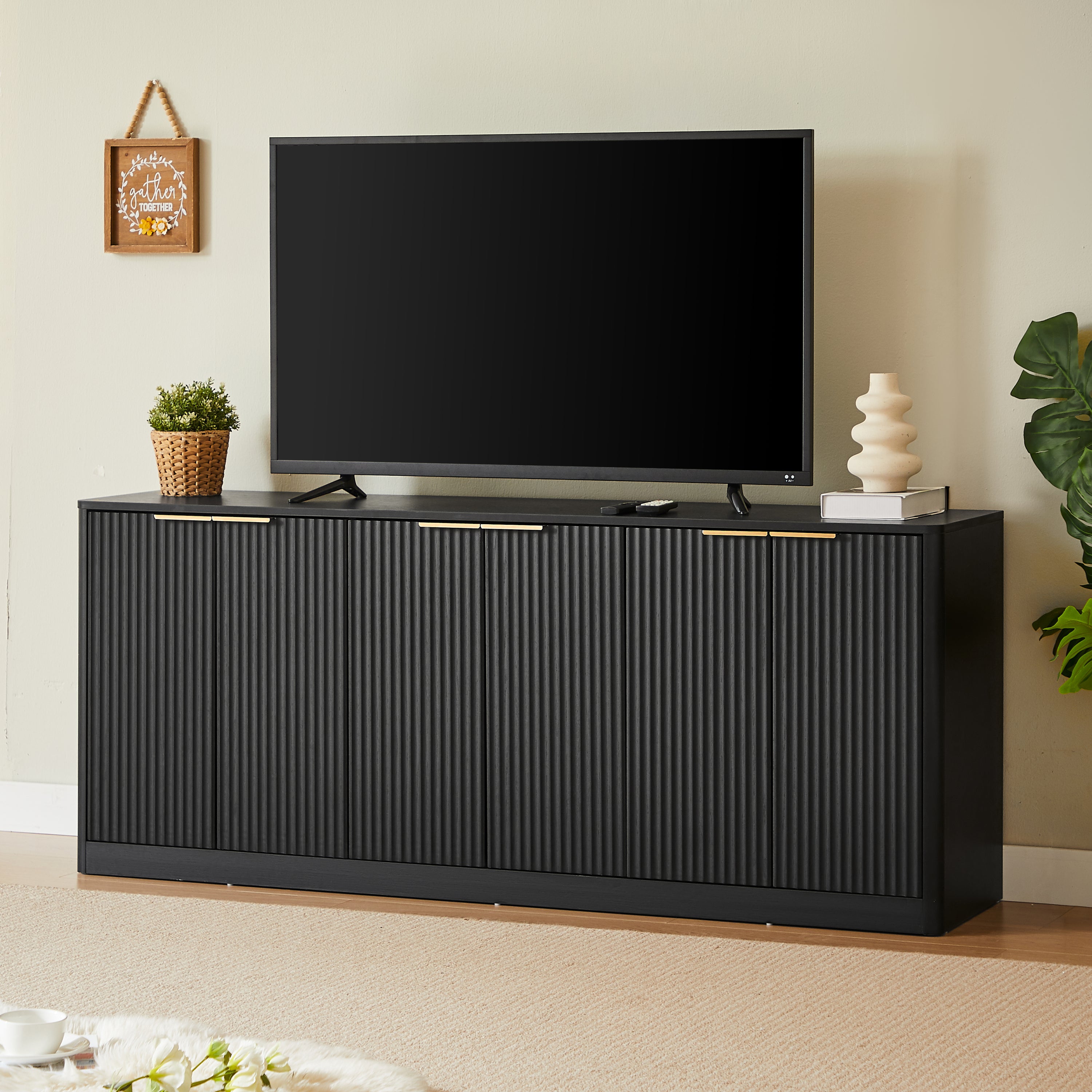 67-inch modern wavy sideboard, curved contour design storage cabinet, 6-door cabinet with storage function, suitable for kitchen / bedroom / living room, Black, 67.0'L x 15.7'W x 27.7'H Secondary image