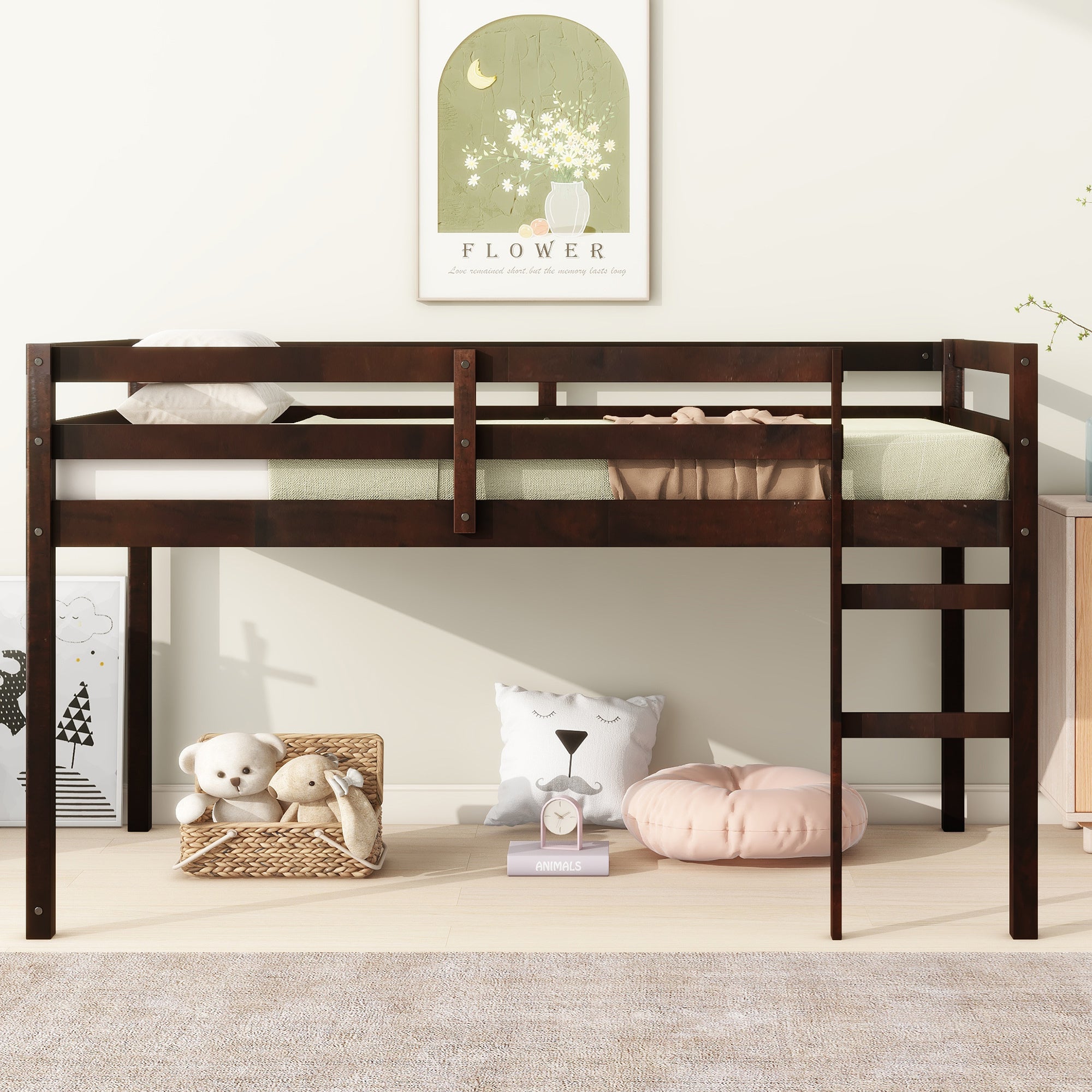 Solid Wooden, Rubber Wooden Twin Loft Bed with Ladder, Bed Platform of Strengthened Slats , Espresso Main image