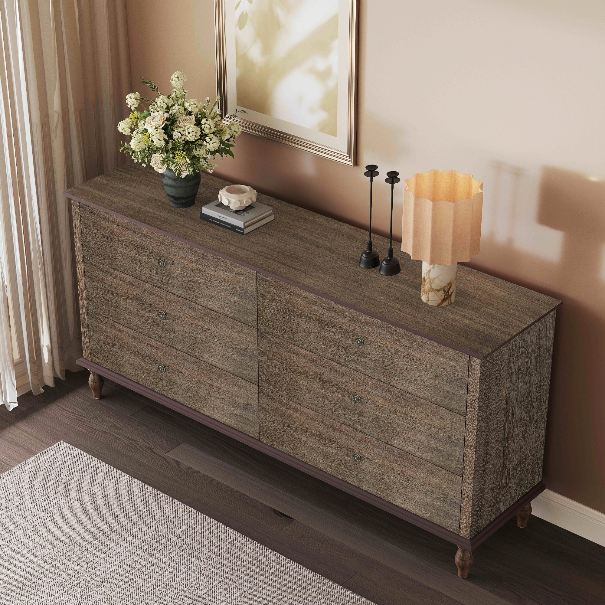 6-Drawer Double Wide Wood Dresser for Bedroom, Deep Brown Burnt Wood Finish Storage Chest with Self-Closing Slides, Metal Copper Handles, Solid Wood Roman Column Legs, Anti-Tip Kit Included Secondary image