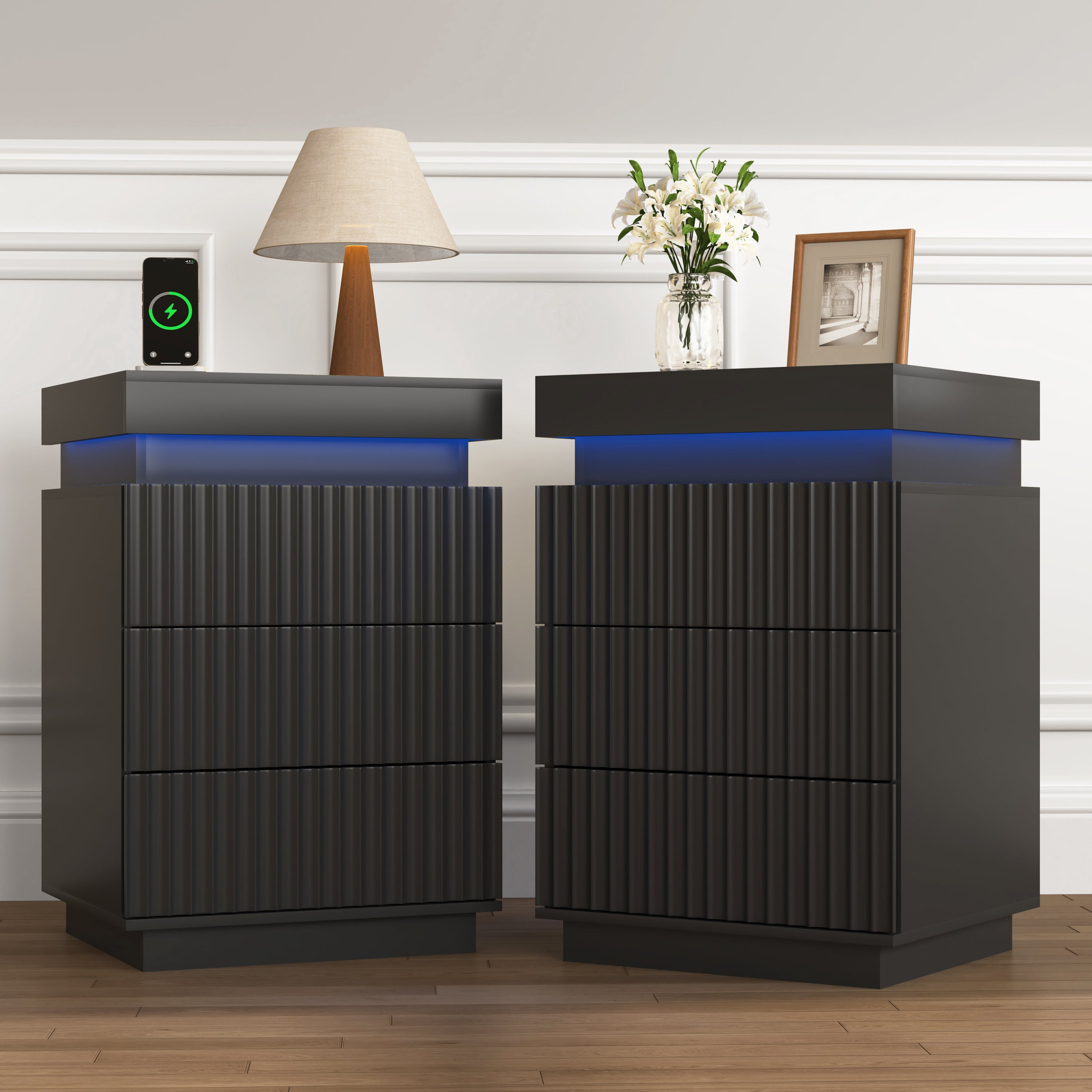 (Set of 2)End Table with Fast USB C Charging Station, Sofa Side Table with 2 Drawers and LED lights, Large Storage Modern Wood Storage Cabinet for Living Room,Bedroom,Office, Black Main image