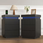 (Set of 2)End Table with Fast USB C Charging Station, Sofa Side Table with 2 Drawers and LED lights, Large Storage Modern Wood Storage Cabinet for Living Room,Bedroom,Office, Black