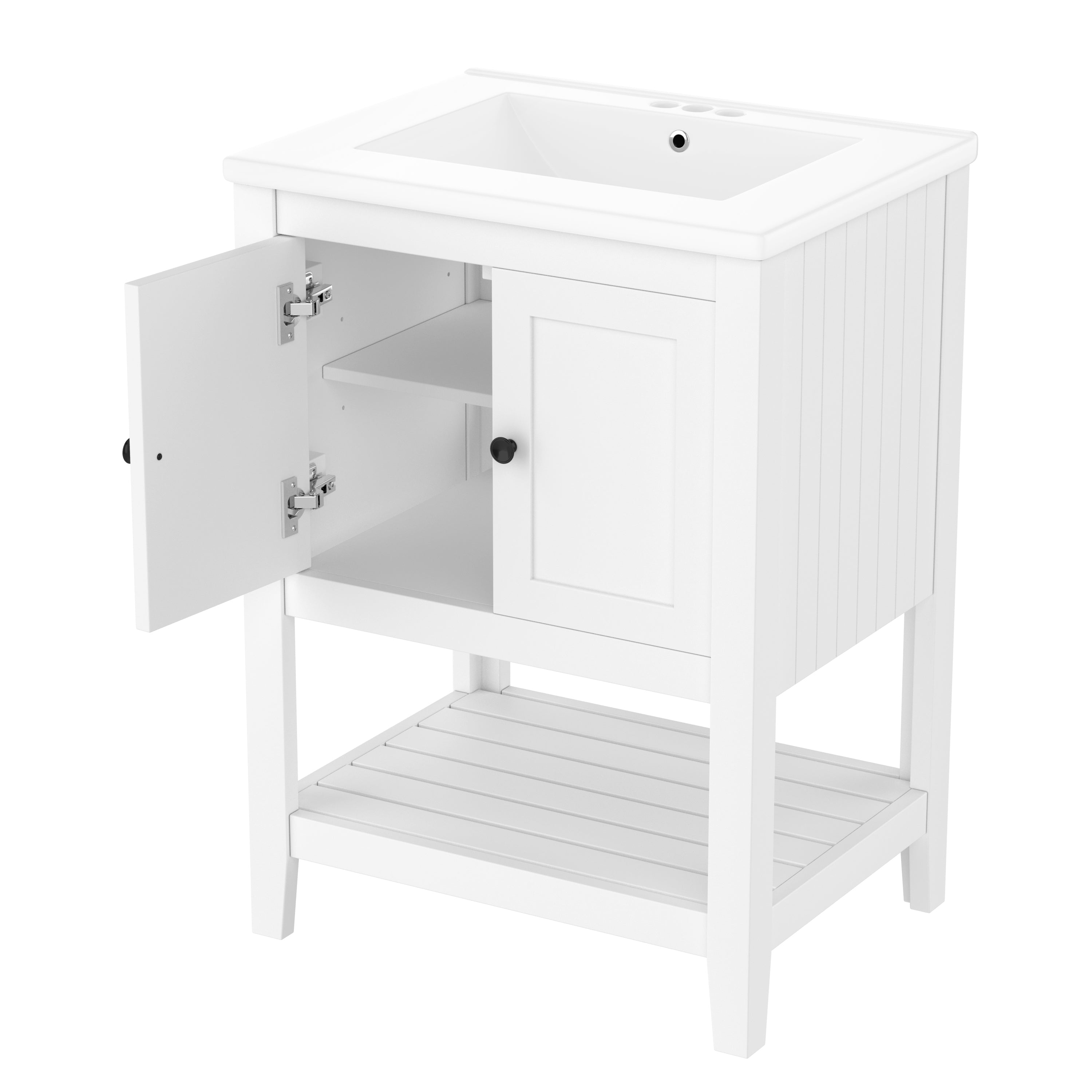 Modern White 24' Bathroom Vanity with Ceramic Sink and Solid Wood Frame, Open Shelf Storage Main image
