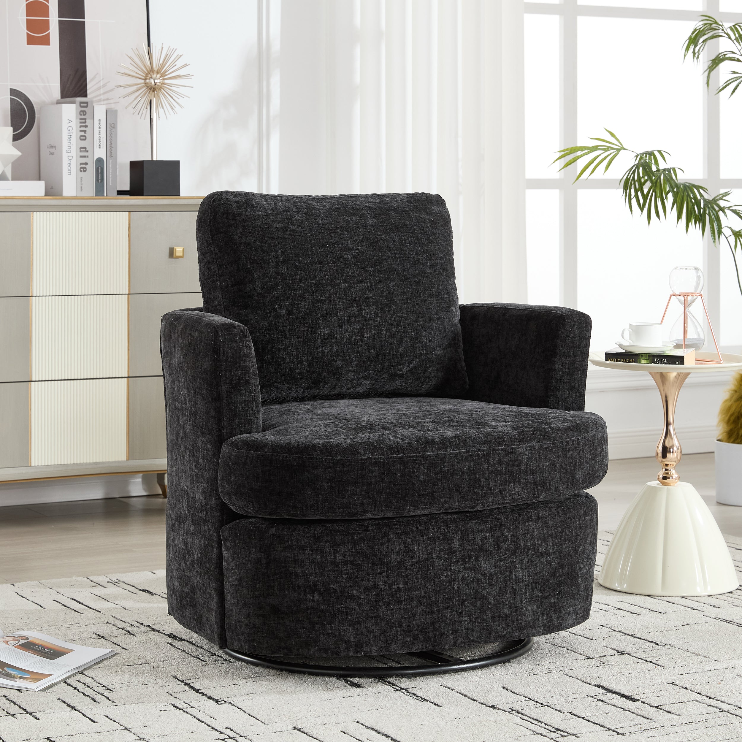 Vanity Chair,Swivel Accent Chair, 360 Degree Round Swivel Barrel Chair, Upholstered Comfy Swivel Chairs for Living Room,Accent Chairs for Bedroom, Reading Room,Powder Room,Black