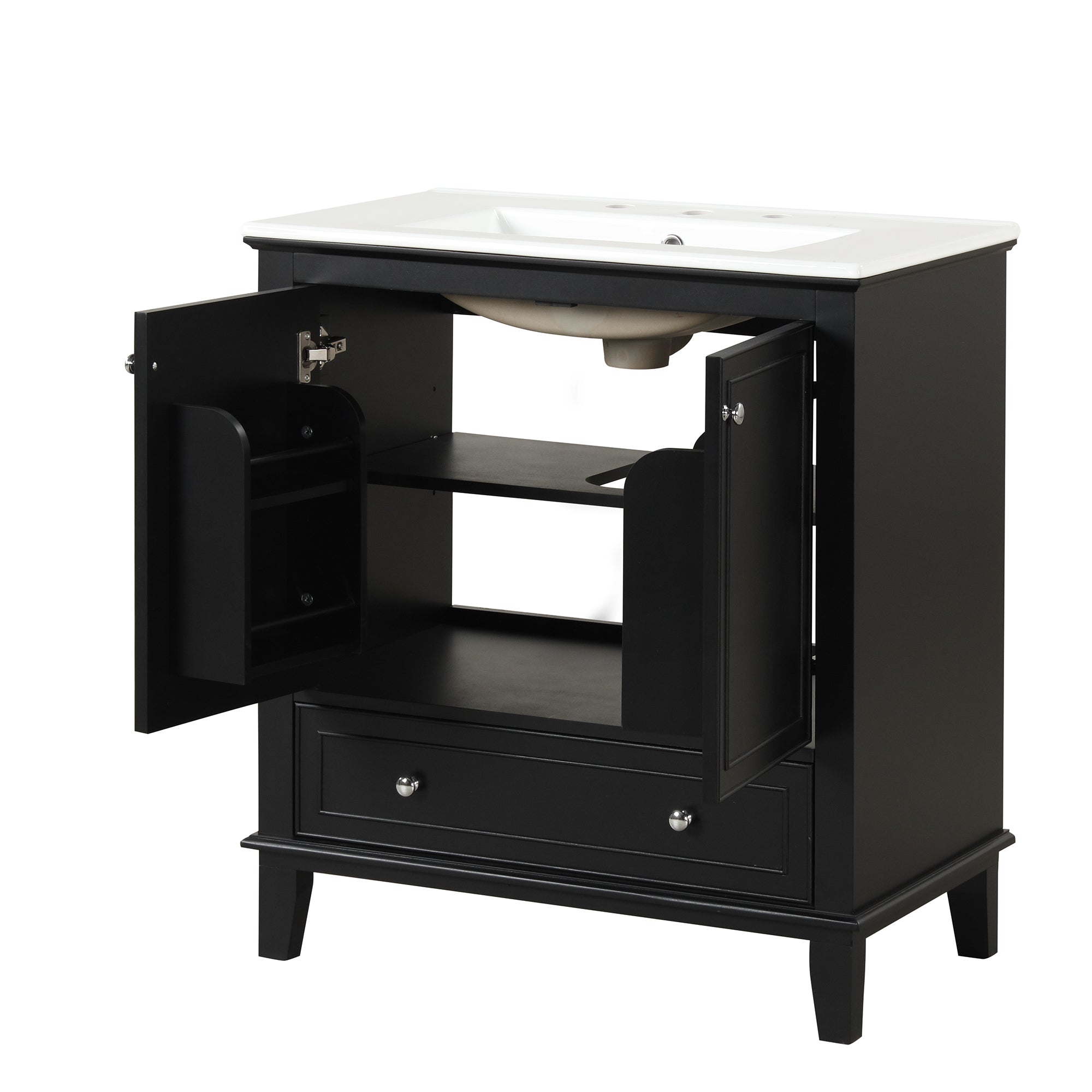 30' Bathroom Vanity with Sink Combo, Multi-functional Bathroom Cabinet with Doors and Drawer, Solid Wood and MDF Board, Black Main image