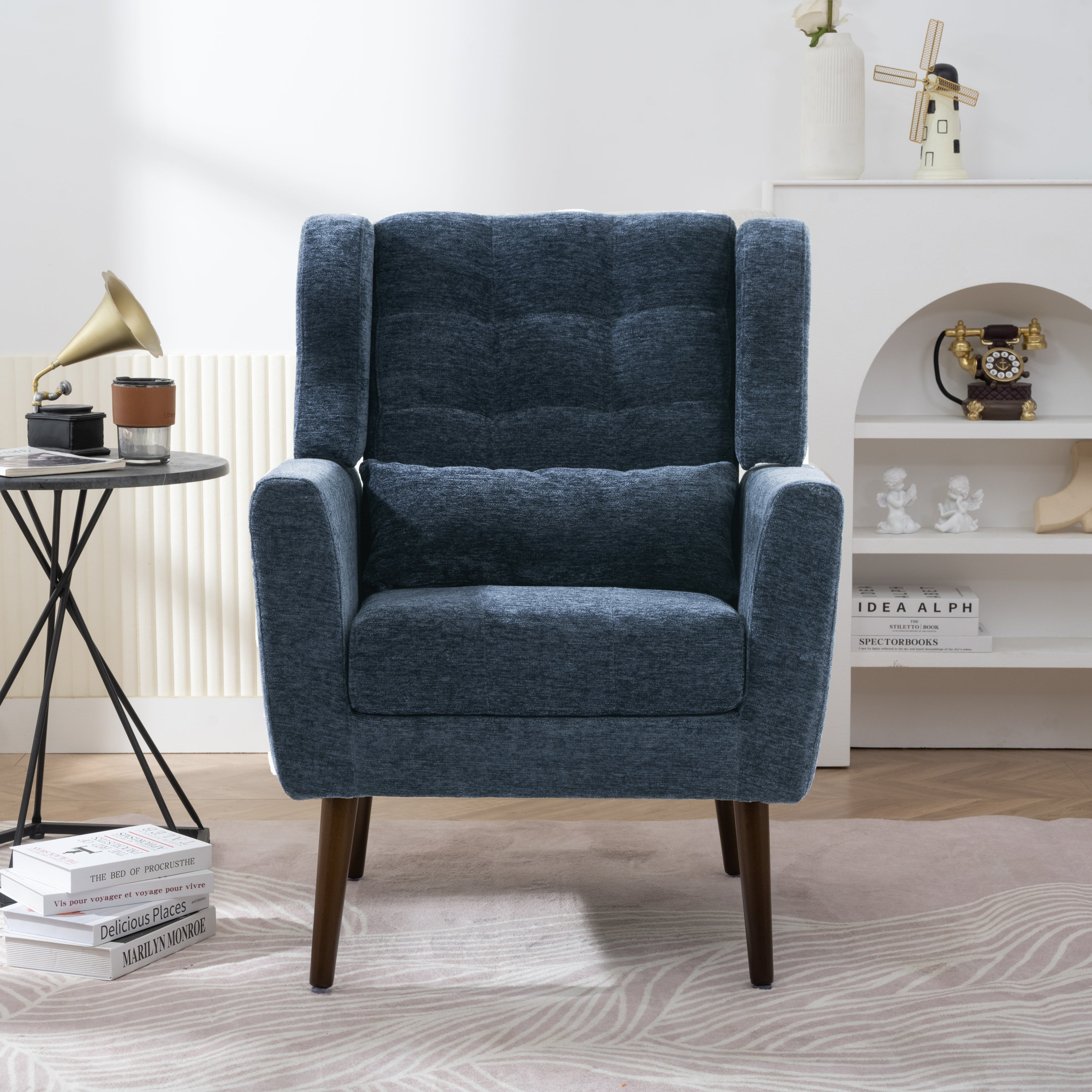 Modern Accent Chair,Chenille Arm Chairs for Living Room,Upholstered Mordern Armchair,Comfy Soft Padded Lounge Chair in Small Space, Bedroom, w/Pillow, Solid Wood Leg (Dark Blue) Main image