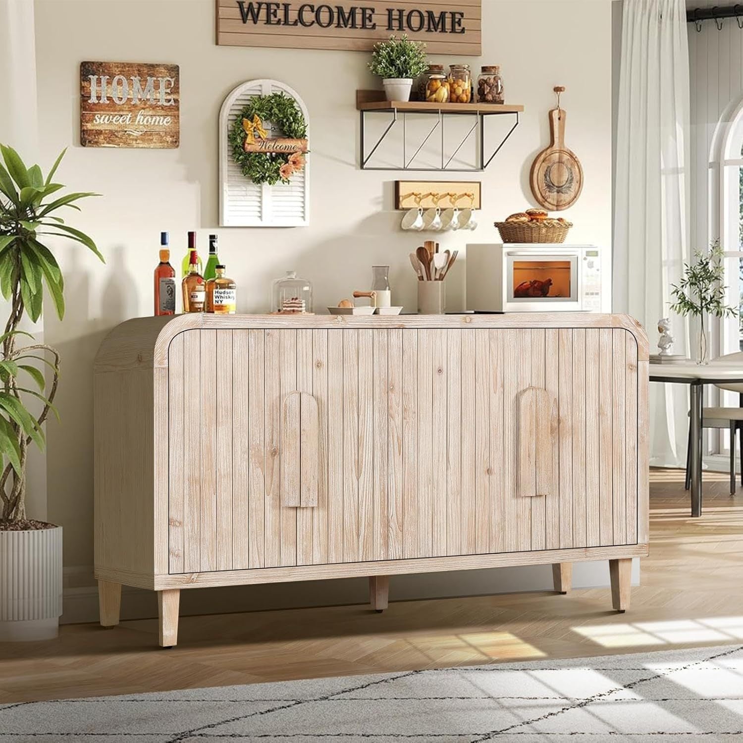 59'' Farmhouse Curved Vintage Storage Sideboard with Large Wooden Handles, Vertical Wood Grain Carving and Adjustable Shelves for Kitchen,Dining Room (Natural Wood Washed) Main image