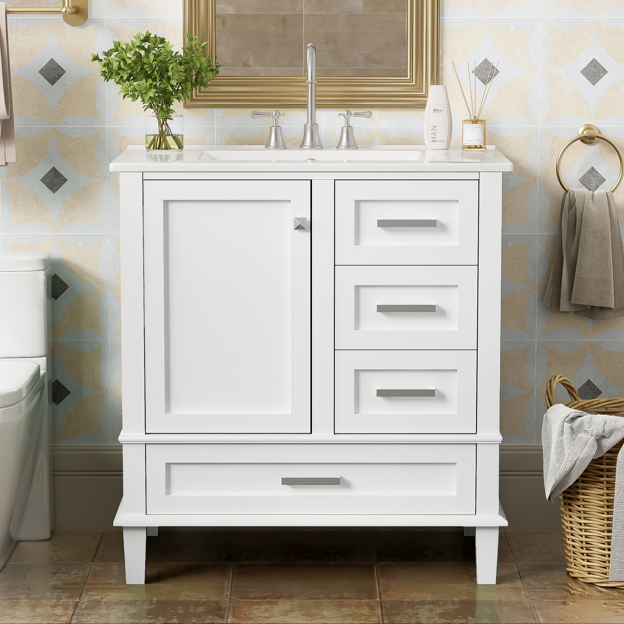 Modern Bathroom Vanity Cabinet with Sink Combo Set, Soft Closing Door and 3 Drawers, Solid Wood Frame, White, 30 Inch Secondary image