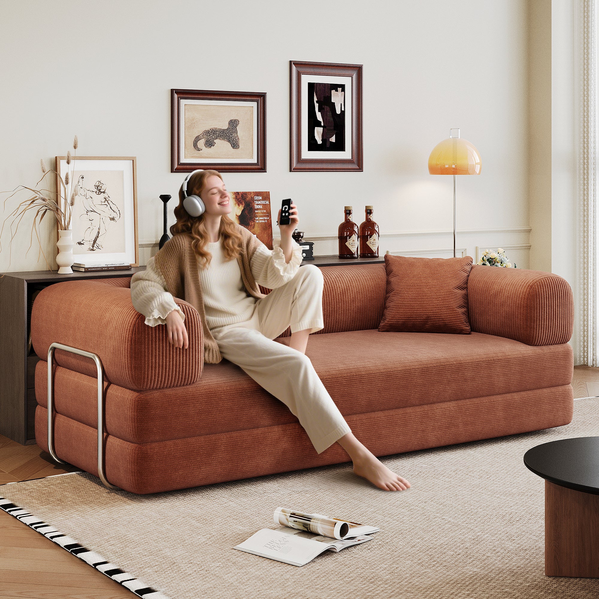 78.8' Compression Sofa,Convertible Floor Sofa Bed-with Pillow Back Support Armrest,Comfy Futon Couch Sleeper Bed,Loveseats Boneless Modular Sectional Sofa,Corduroy fabric,for Living Room,Bedroom,Brown Main image