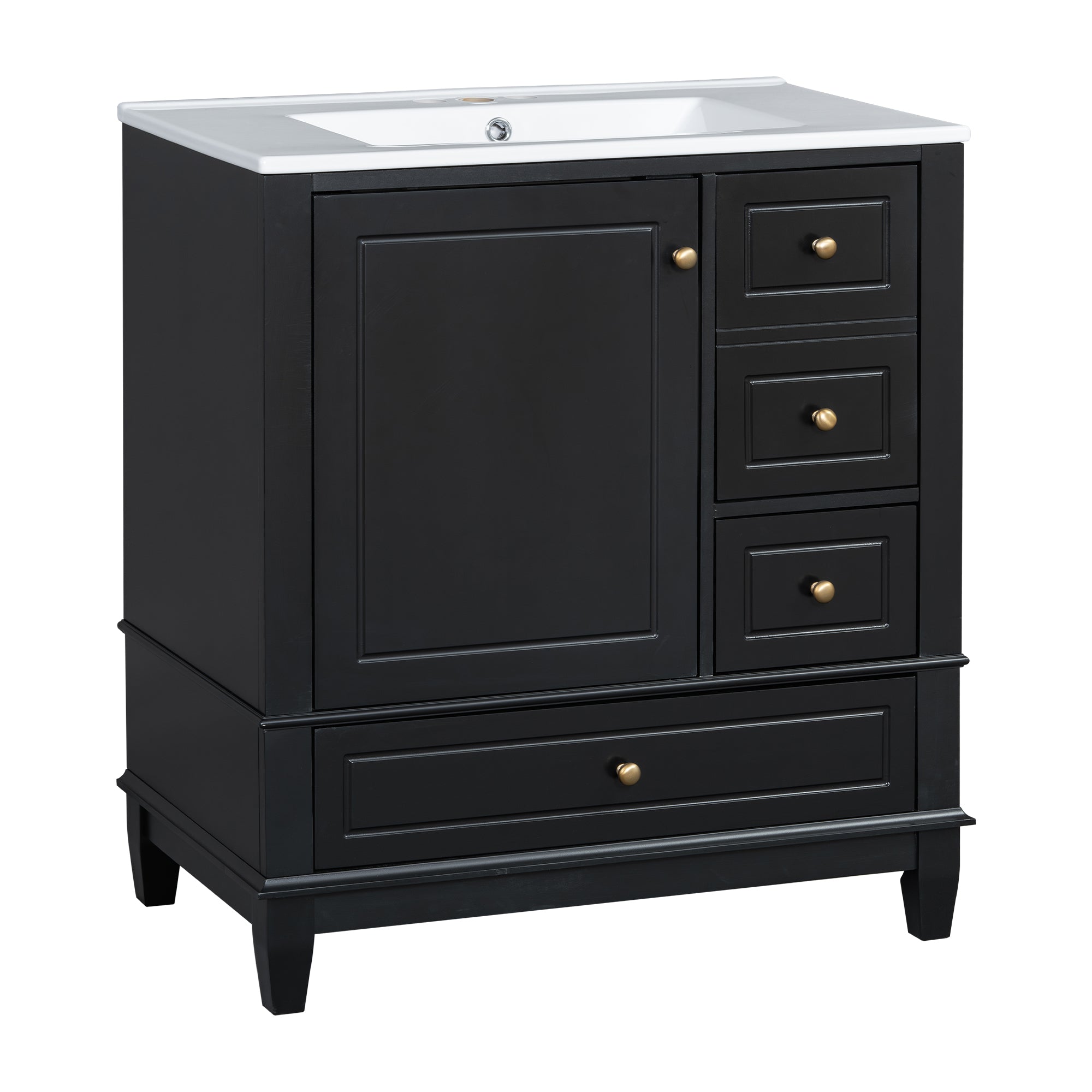 30' Bathroom Vanity with Sink, One Door with Shelf and Three Drawers, Soft Close Door, Black Main image