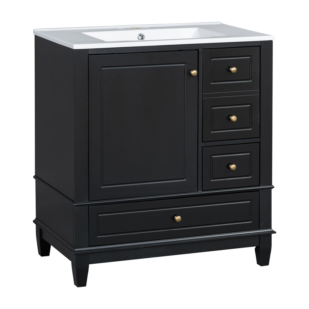 30' Bathroom Vanity with Sink, One Door with Shelf and Three Drawers, Soft Close Door, Black