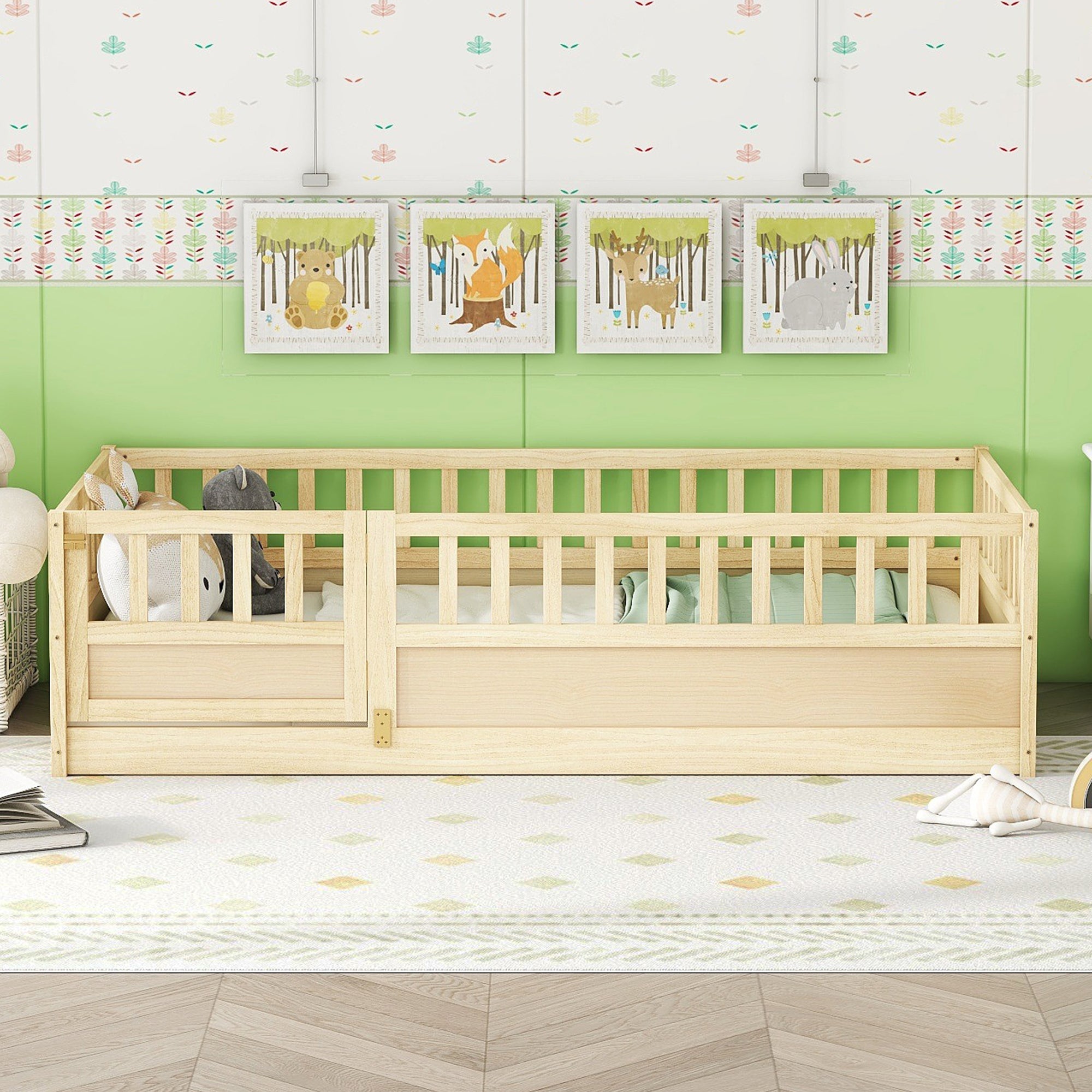 Twin Size Floor bed, integral construction with super high security barrier, door, children's floor bed frame, Montessori wooden children's floor bed,Natural Wood(Patented model) Main image