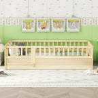 Twin Size Floor bed, integral construction with super high security barrier, door, children's floor bed frame, Montessori wooden children's floor bed,Natural Wood(Patented model)