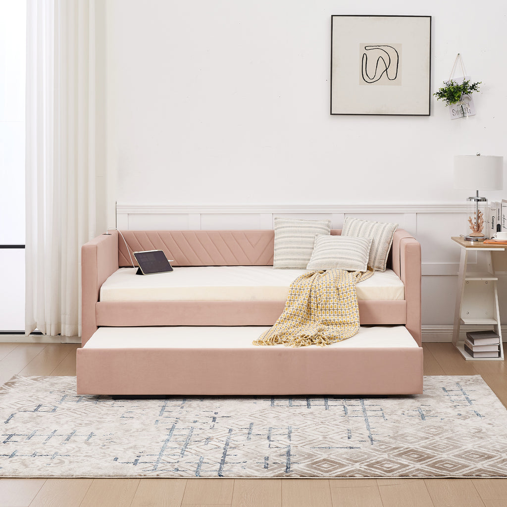 Twin Size Upholstered Daybed with Trundle,USB Port ,Side Pockets, Modern V-grained backrest Design,No Box Spring Needed, for Bedroom, Guest Room ( Pink, Twin)