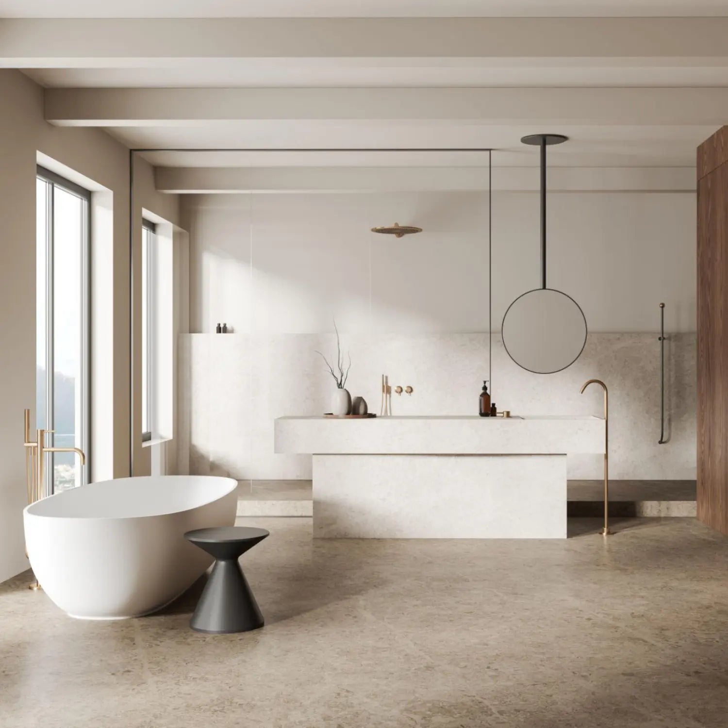 Modern bathroom with a freestanding bathtub, sink, and large mirror.
