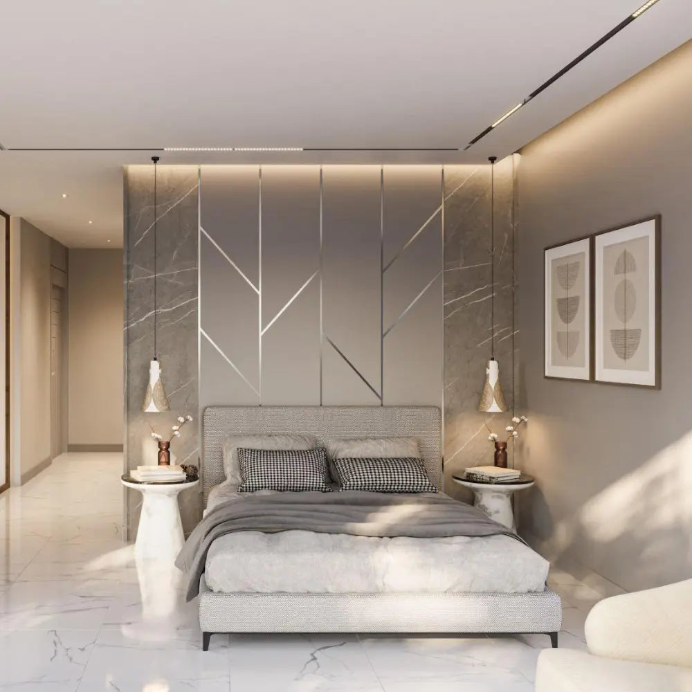 Modern bedroom with gray bed, geometric wall design, and decorative elements.