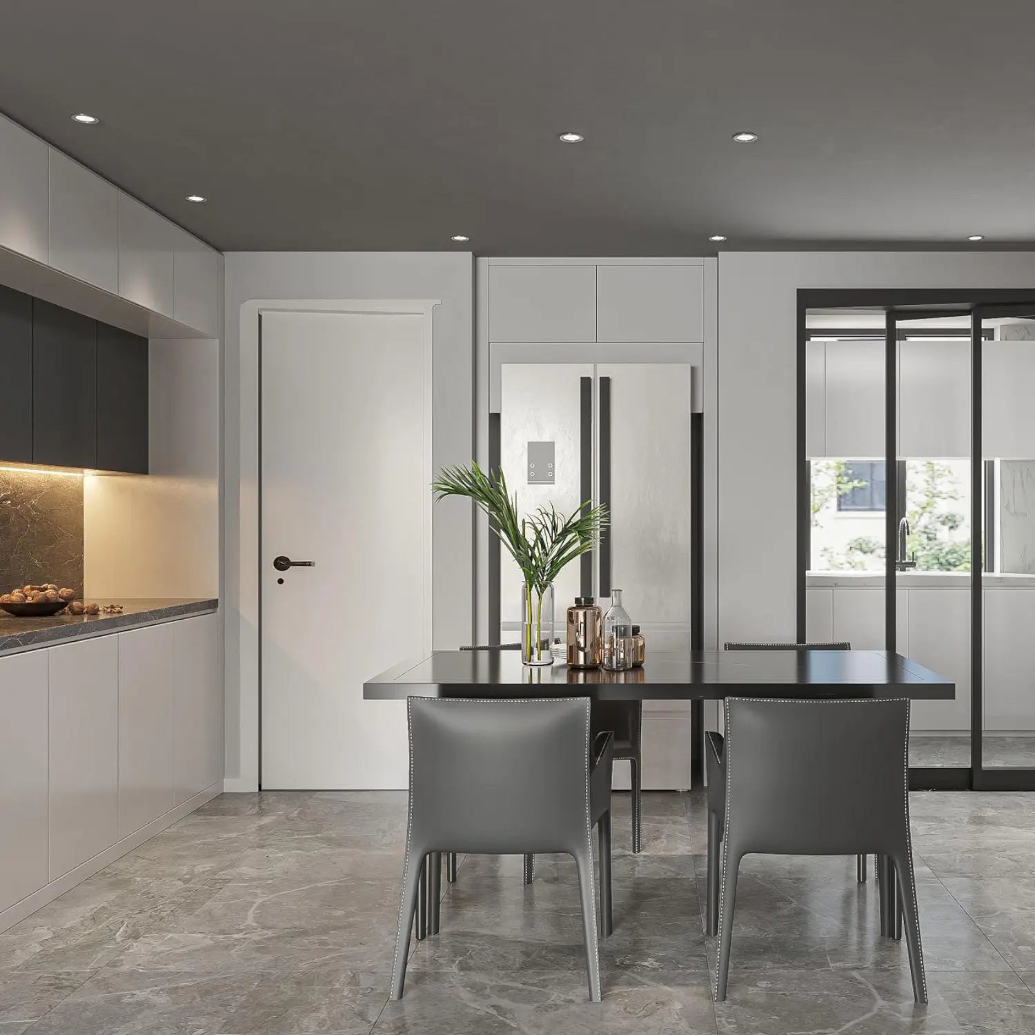Modern kitchen with a dining table and chairs, featuring a sleek design and neutral color palette.
