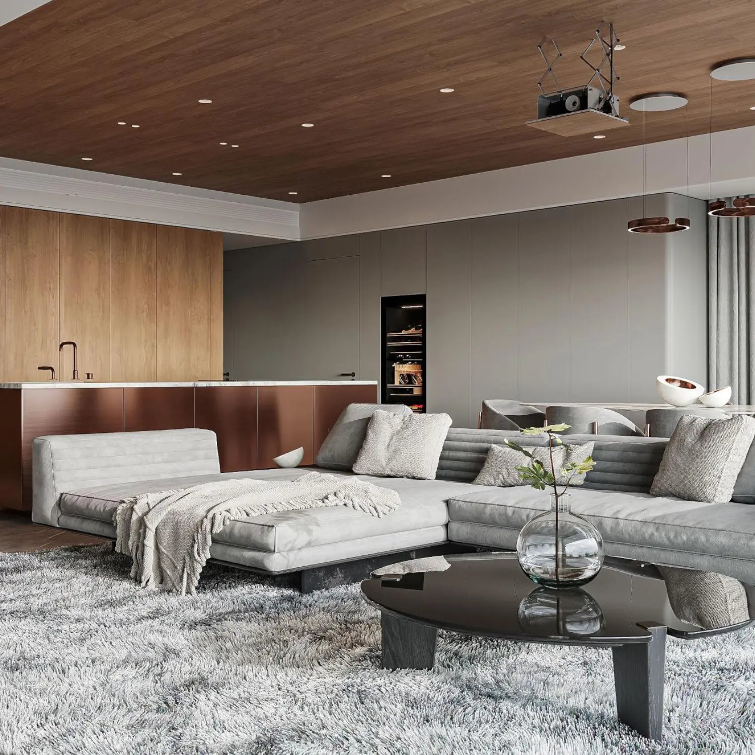 Modern living room with a gray sectional sofa, round coffee table, and wooden ceiling.