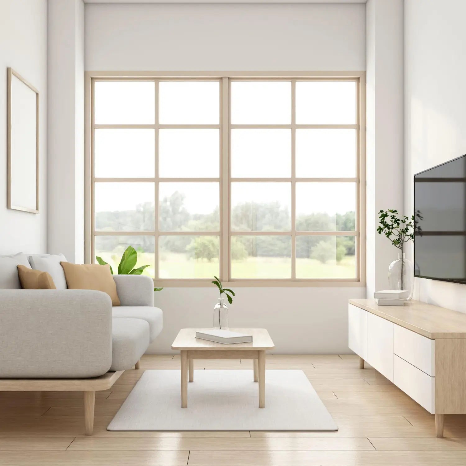 Modern living room with a large window, gray sofa, wooden coffee table, and white rug.