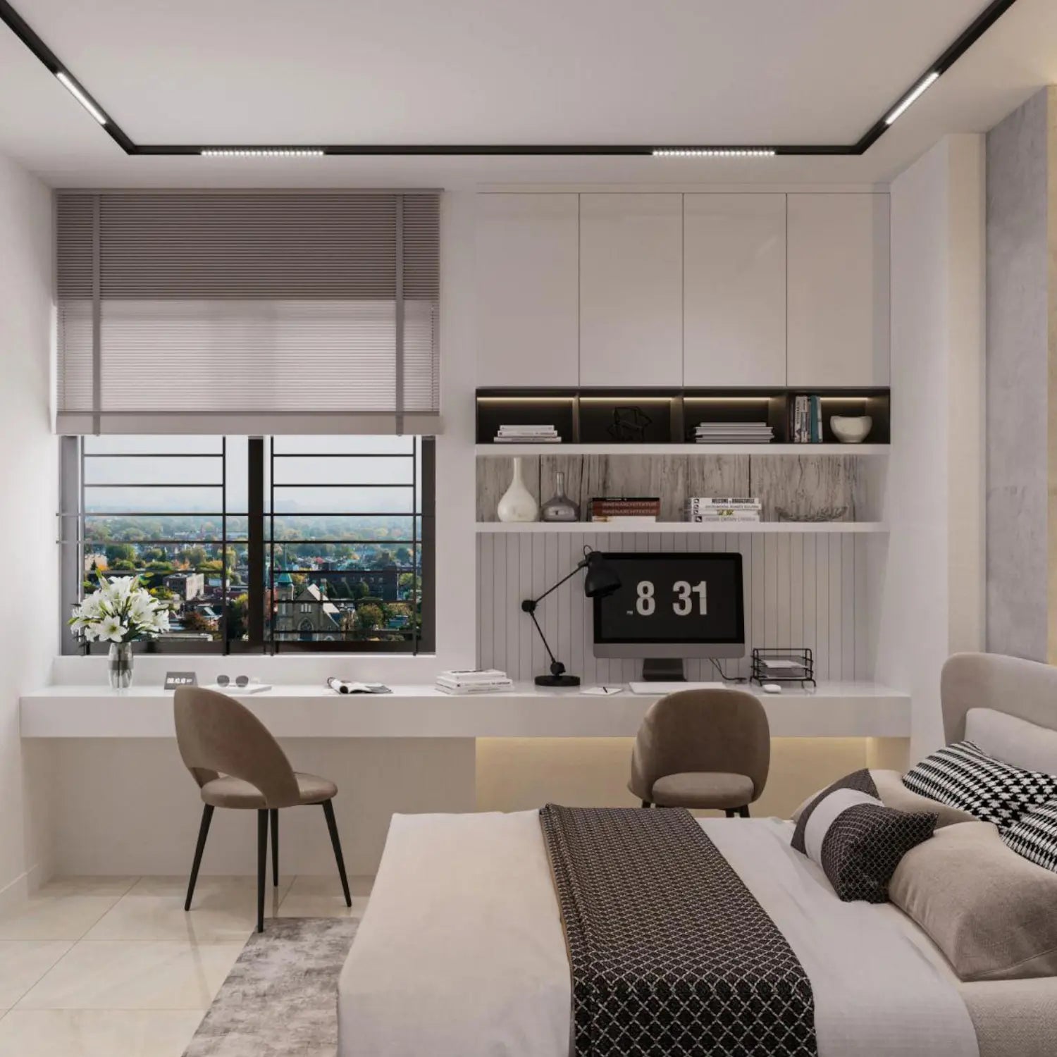 Modern bedroom with a desk, chair, and computer setup.
