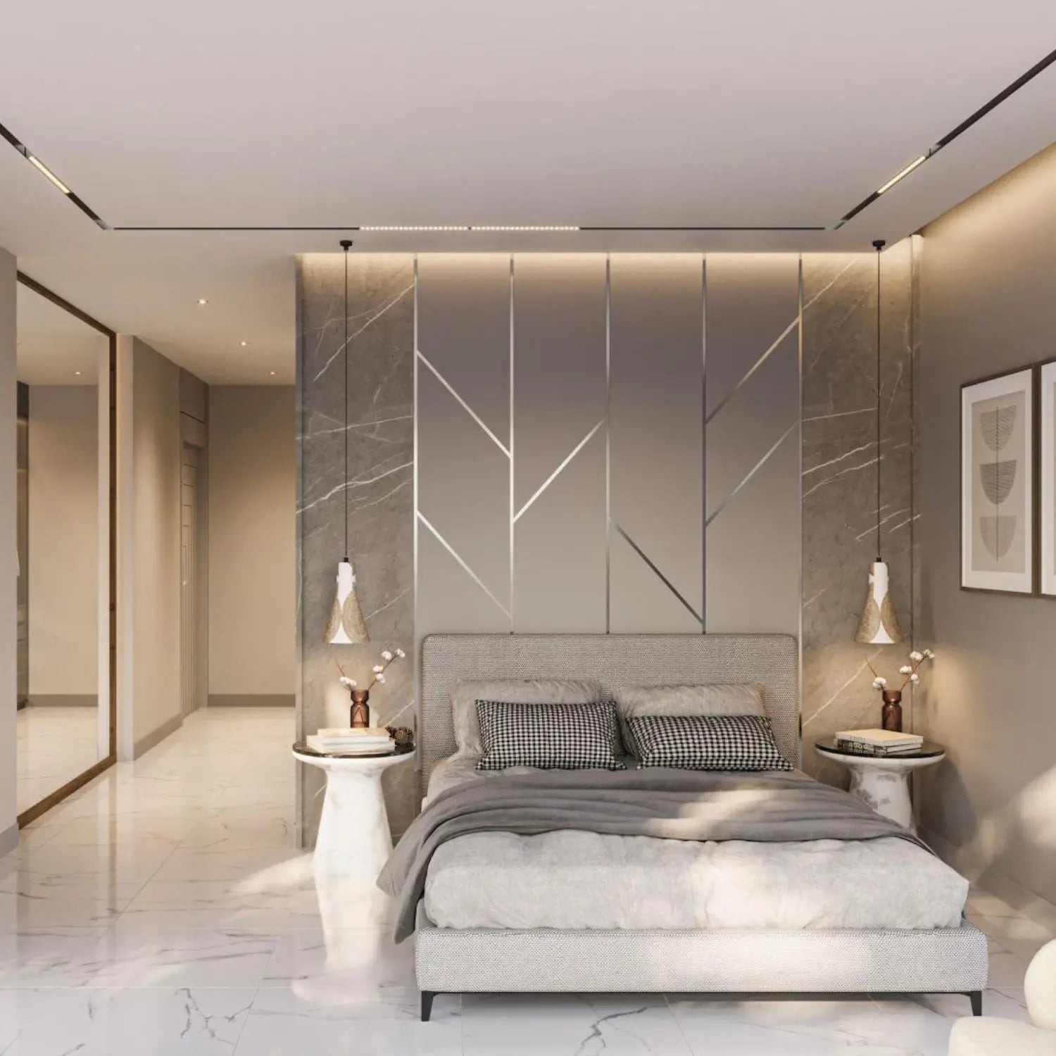 Modern bedroom with marble wall and decorative elements