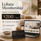 Lyliara membership laptop, gold $200/year badge, and black membership card on table
