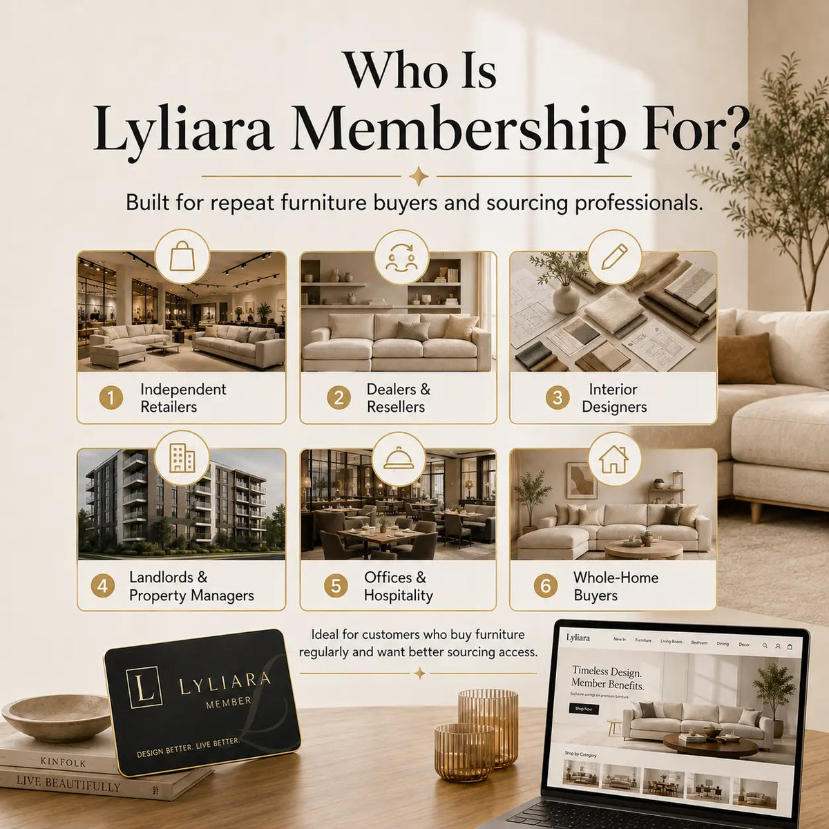 Lyliara membership card and laptop for home design buyers; plus small decor items